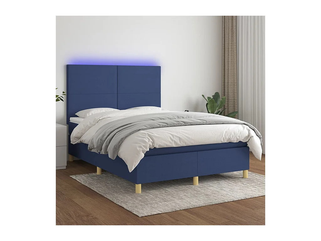 Cama box spring c/ colchão e LED 140x200 cm tecido azul