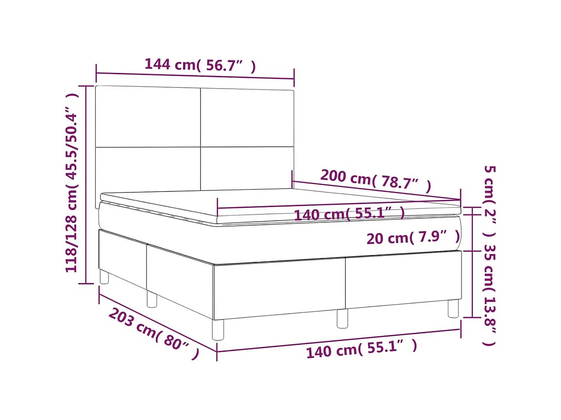 Cama box spring c/ colchão e LED 140x200 cm tecido azul