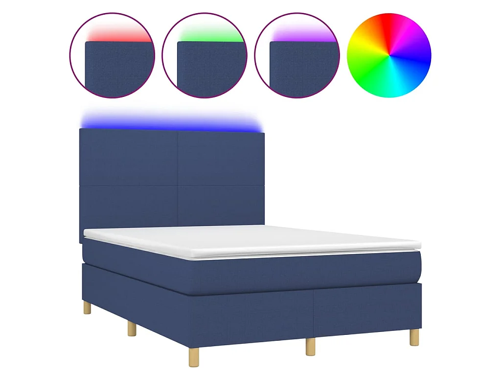 Cama box spring c/ colchão e LED 140x200 cm tecido azul