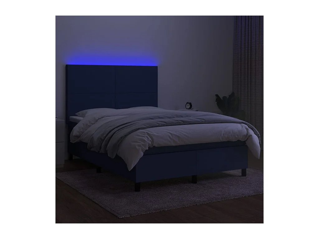 Cama box spring c/ colchão e LED 140x200 cm tecido azul