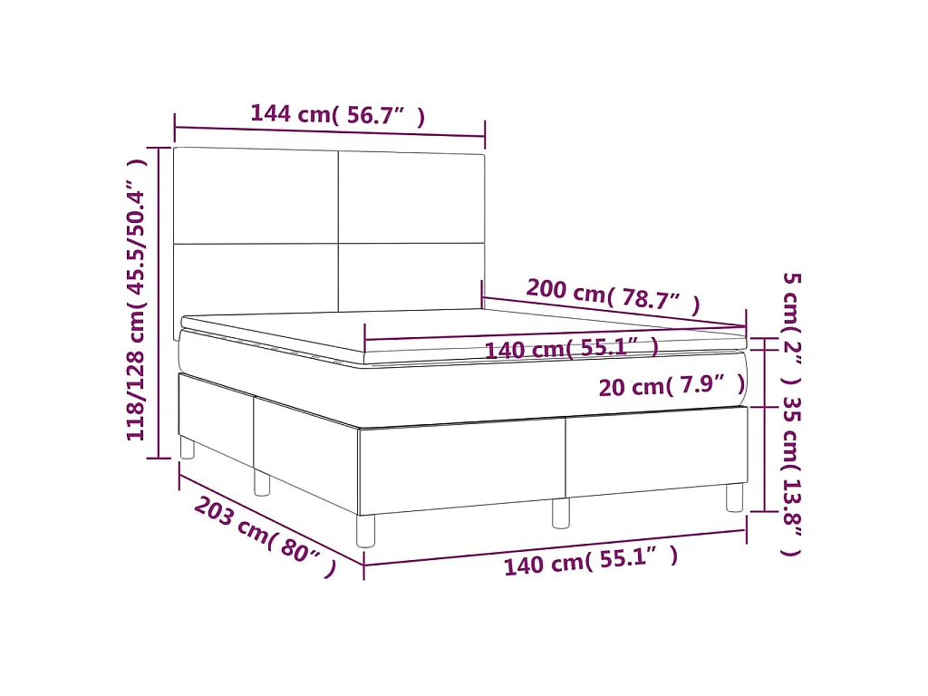 Cama box spring colchón y luces LED tela azul 140x200 cm