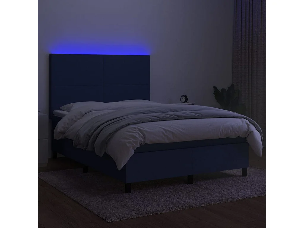 Cama box spring colchón y luces LED tela azul 140x200 cm
