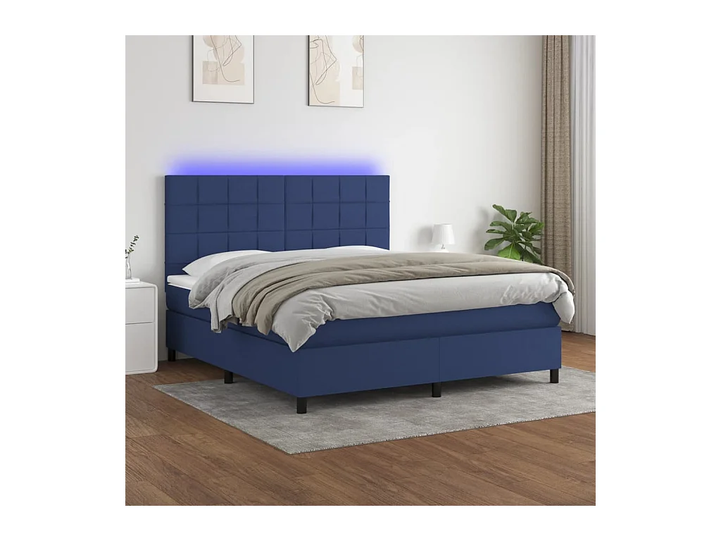 Cama box spring c/ colchão e LED 180x200 cm tecido azul