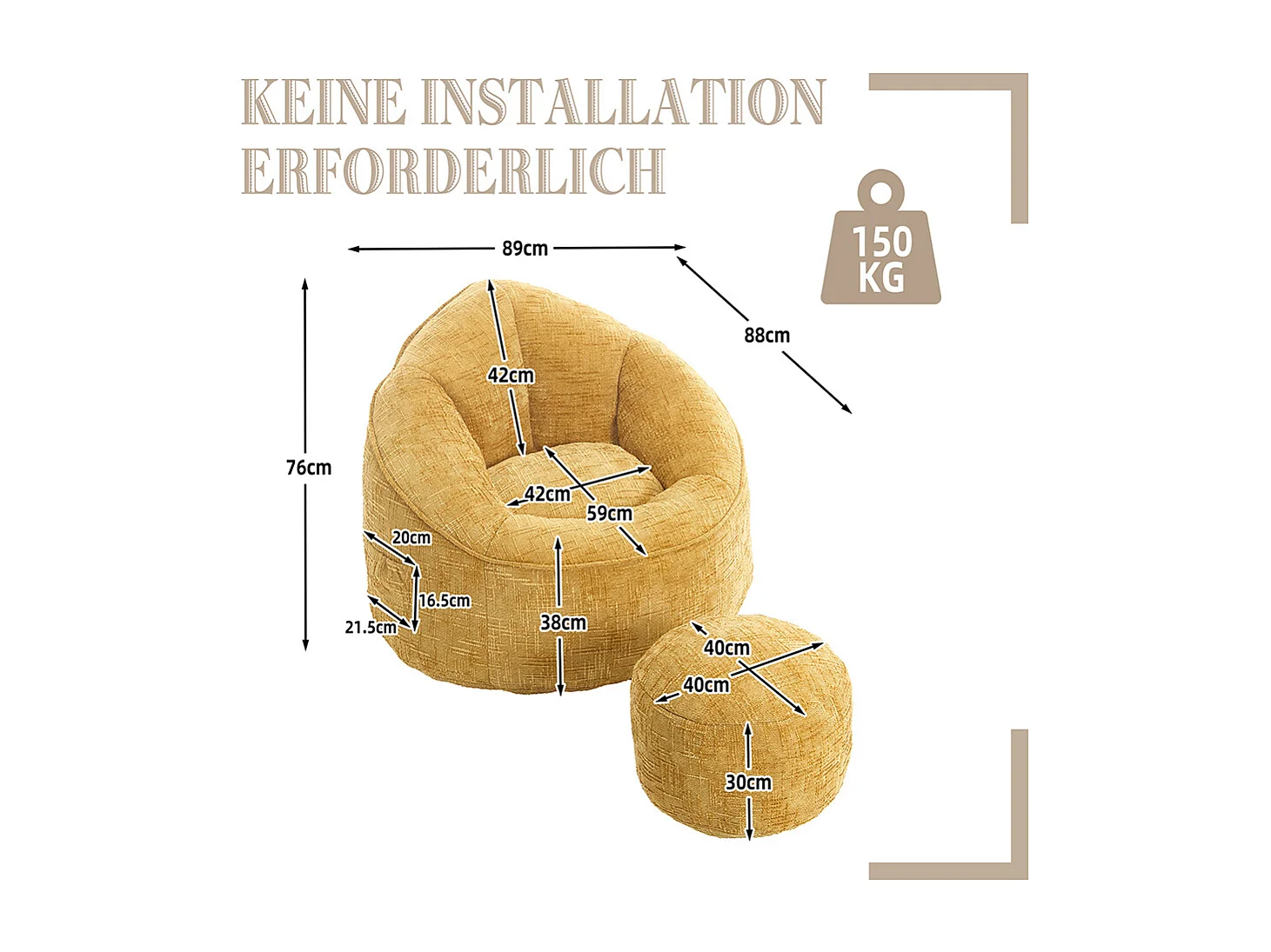 Pouf chaise mousse haute densité compressée repose pieds jaune