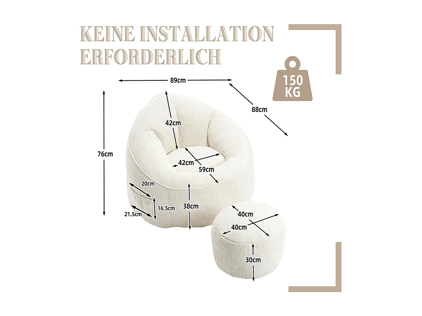 Pouf chaise mousse haute densité compressée repose pieds beige