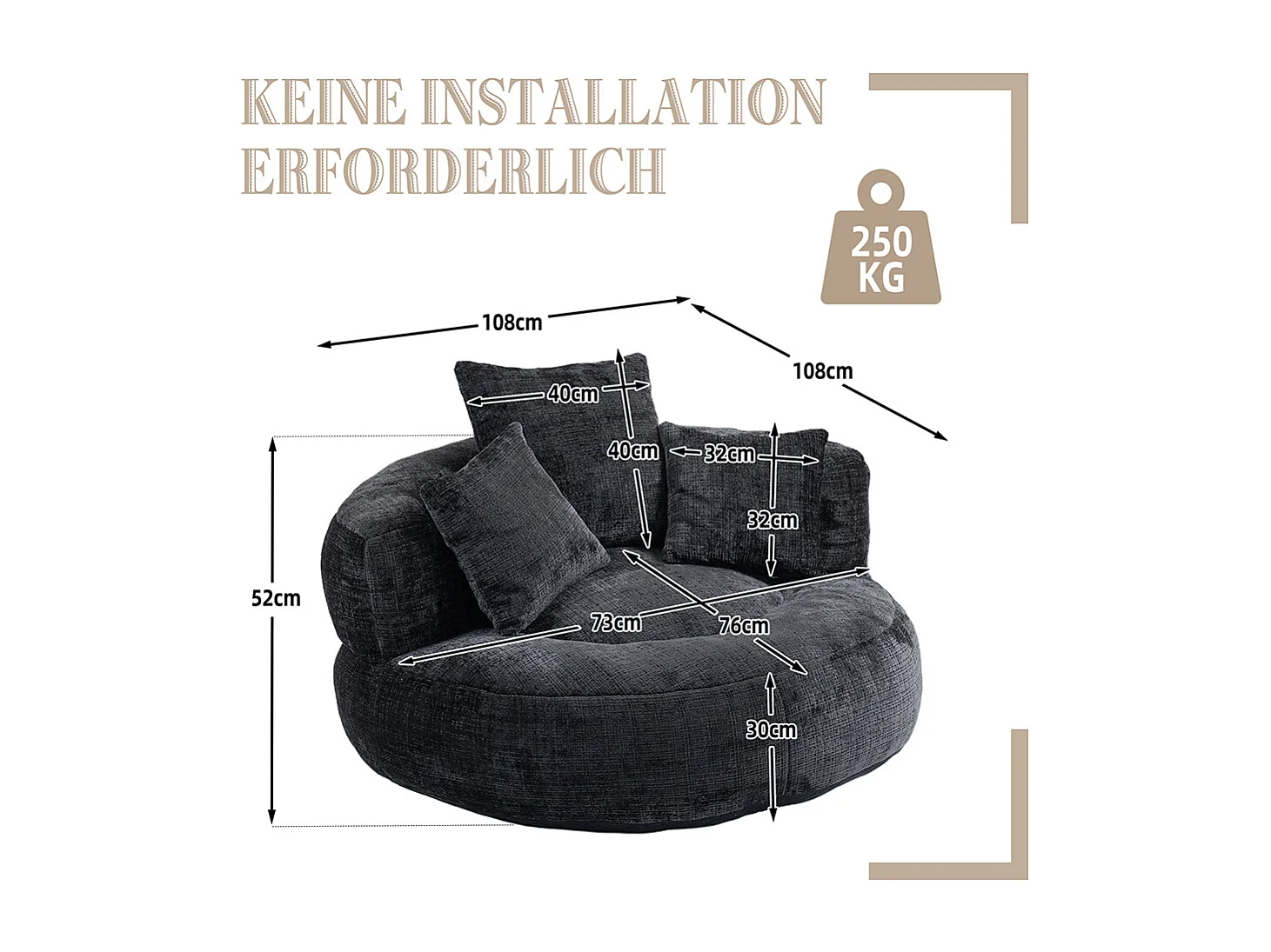 Canapé bean bag dossier haut 3 coussins gaming intérieur extérieur adulte enfant noir chenille