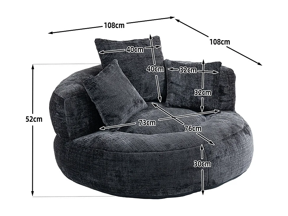 Canapé bean bag dossier haut 3 coussins gaming intérieur extérieur adulte enfant noir chenille