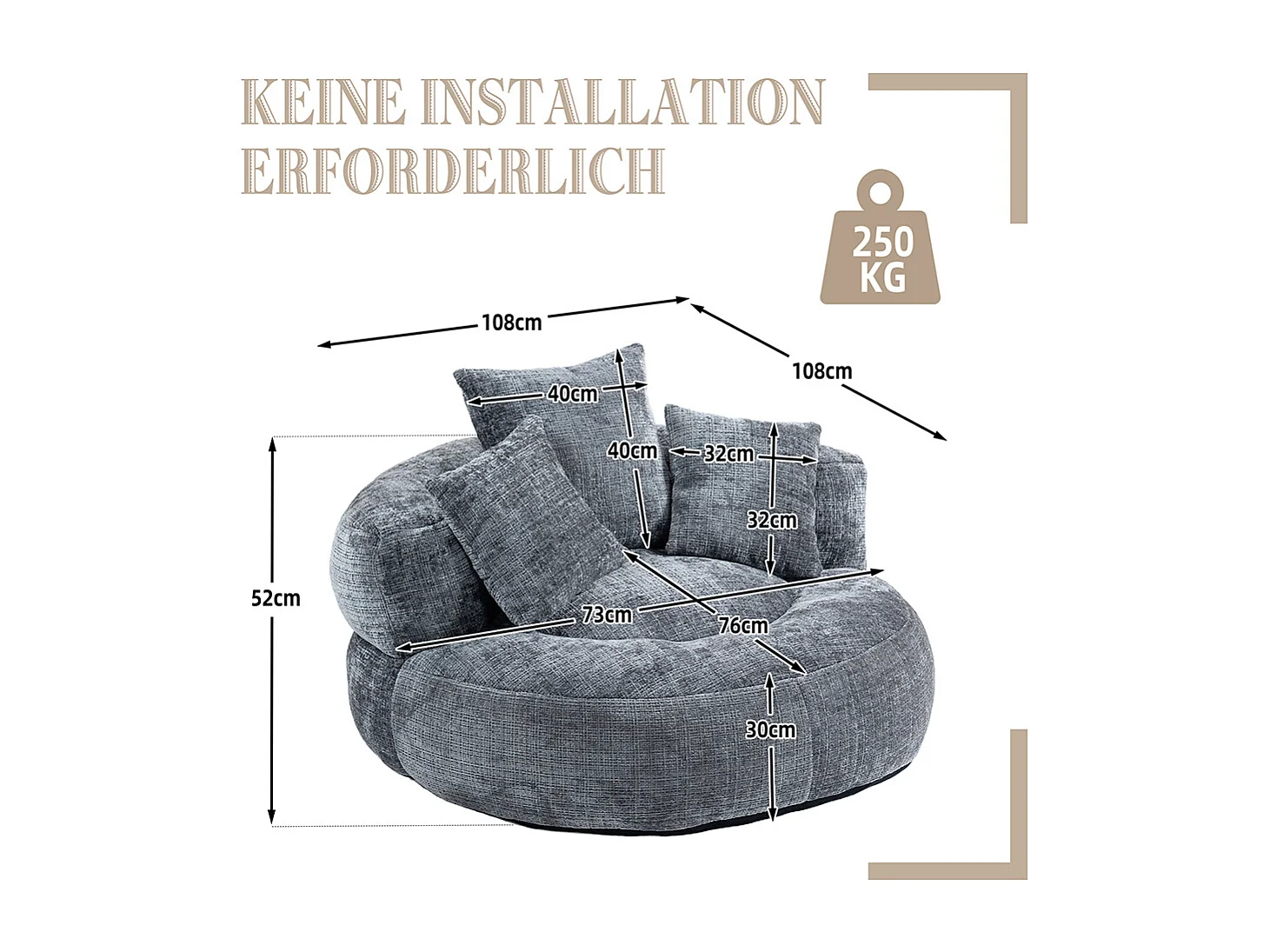 Canapé bean bag dossier haut 3 coussins gaming intérieur extérieur adulte enfant gris chenille