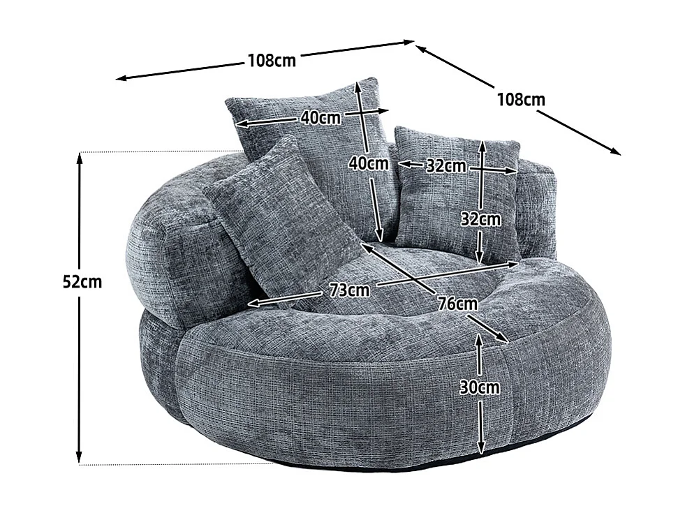 Canapé bean bag dossier haut 3 coussins gaming intérieur extérieur adulte enfant gris chenille