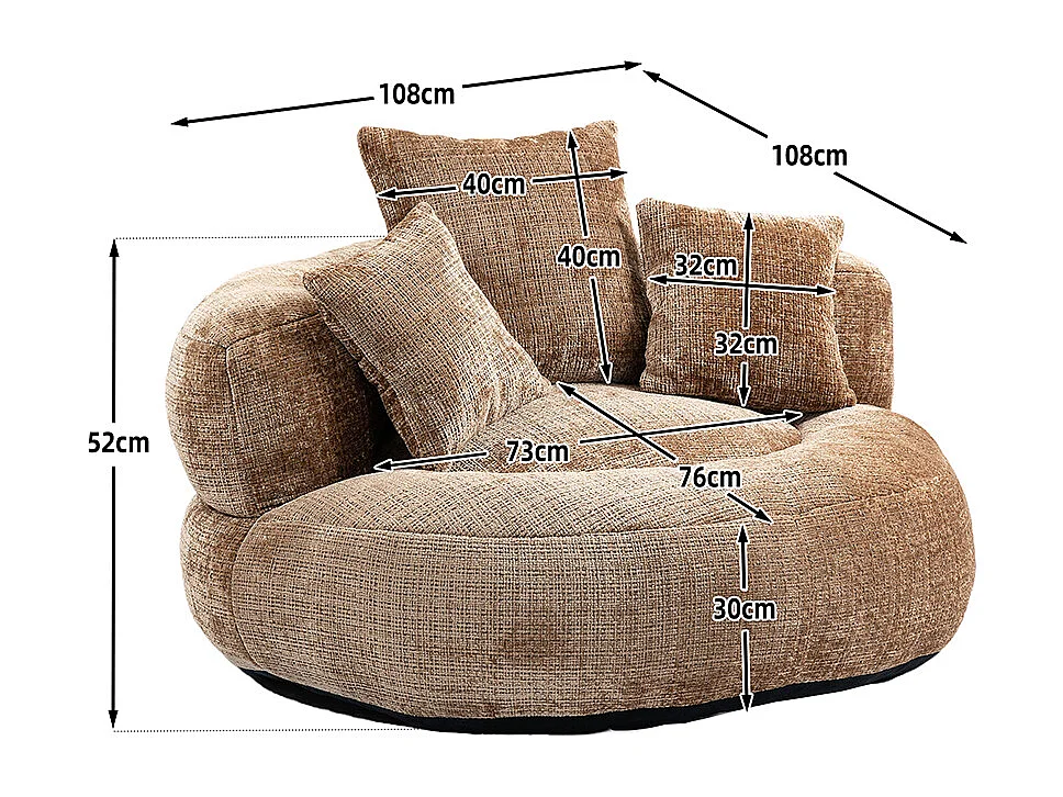 Canapé bean bag dossier haut 3 coussins gaming intérieur extérieur adulte enfant café chenille