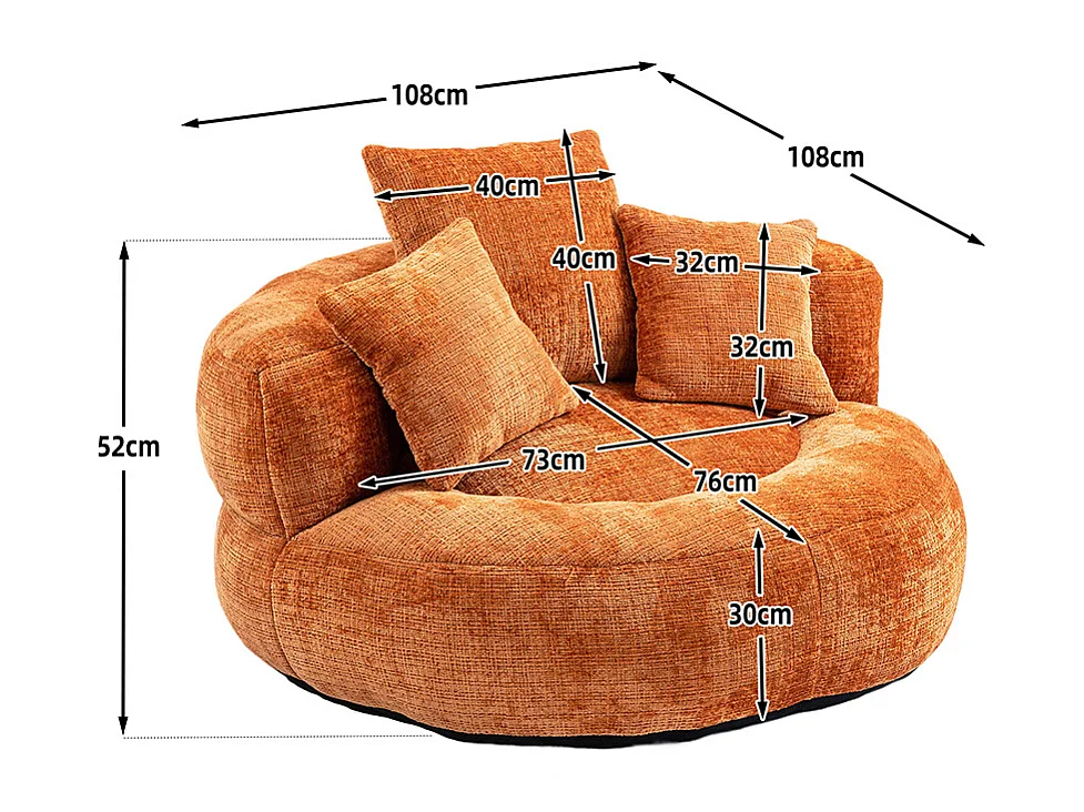 Canapé bean bag dossier haut 3 coussins gaming intérieur extérieur adulte enfant orange chenille