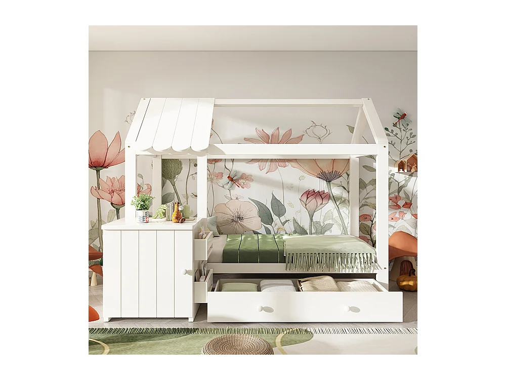 Lit cabane pour enfant 90x200 en bois massif avec tiroirs et table de chevet amovible lit au sol en blanc
