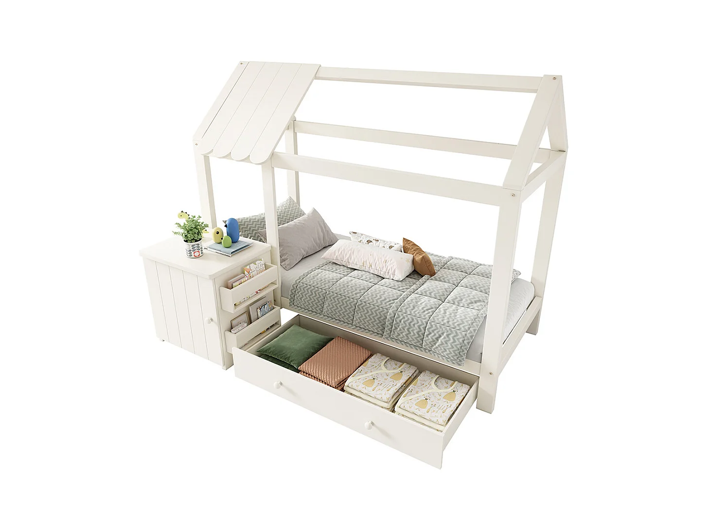 Lit cabane pour enfant 90x200 en bois massif avec tiroirs et table de chevet amovible lit au sol en blanc