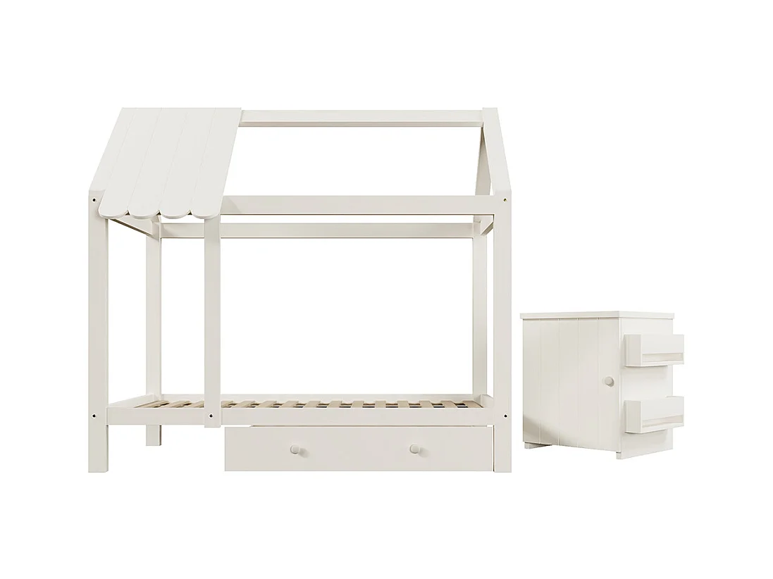 Lit cabane pour enfant 90x200 en bois massif avec tiroirs et table de chevet amovible lit au sol en blanc