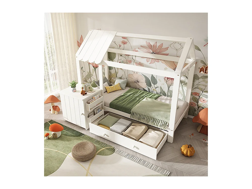 Lit cabane pour enfant 90x200 en bois massif avec tiroirs et table de chevet amovible lit au sol en blanc