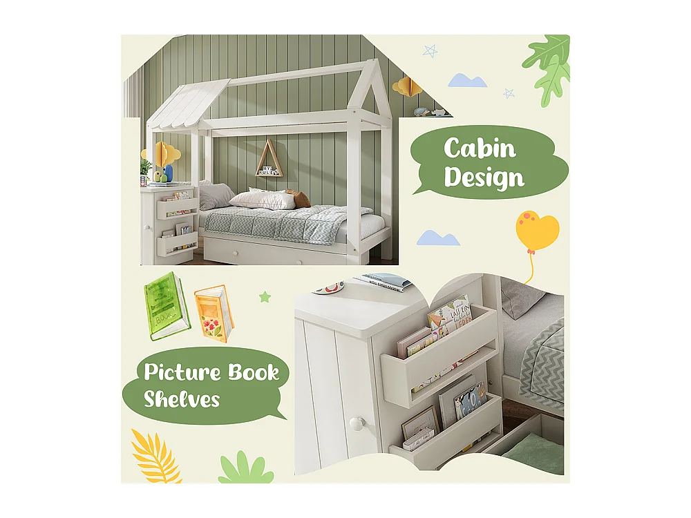 Lit cabane pour enfant 90x200 en bois massif avec tiroirs et table de chevet amovible lit au sol en blanc