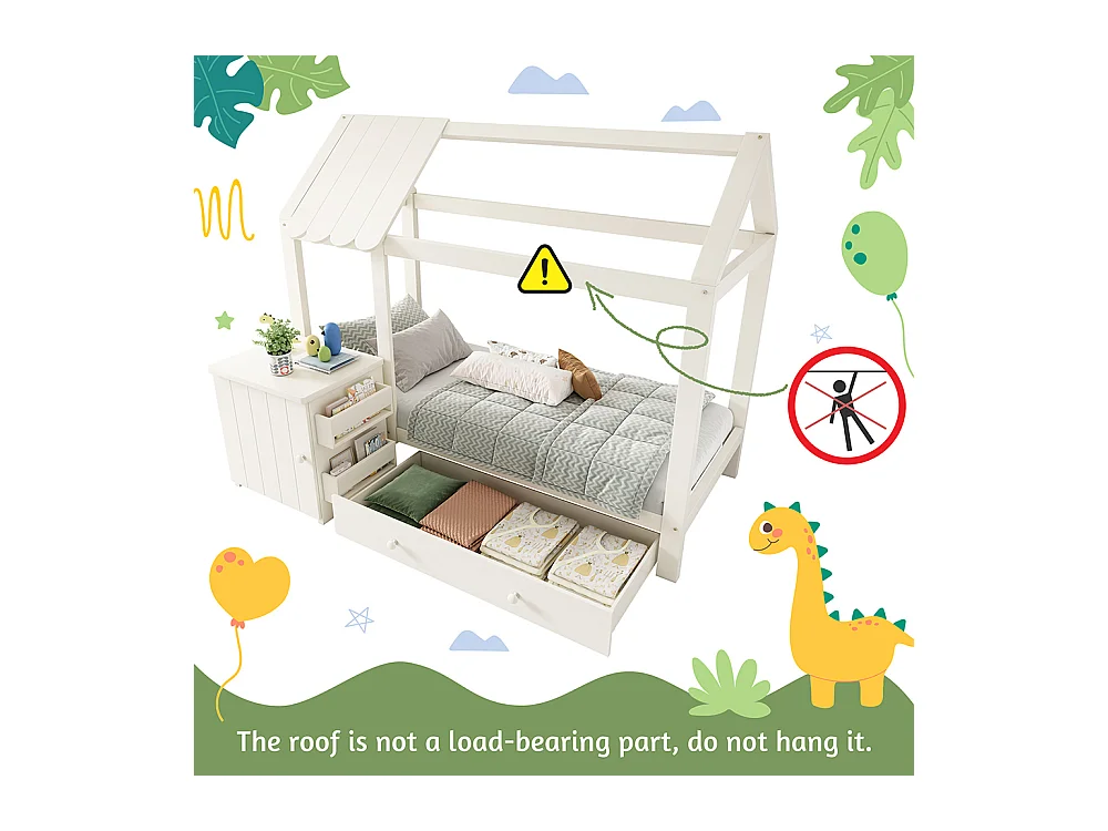 Lit cabane pour enfant 90x200 en bois massif avec tiroirs et table de chevet amovible lit au sol en blanc