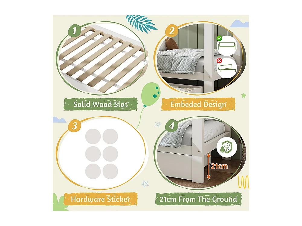 Lit cabane pour enfant 90x200 en bois massif avec tiroirs et table de chevet amovible lit au sol en blanc