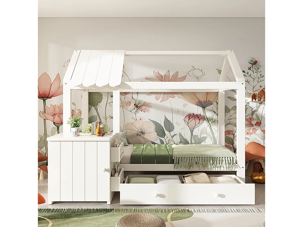 Hutbed voor kinderen 90x200 van massief hout met lades en afneembaar nachtkastjebed op de grondwit