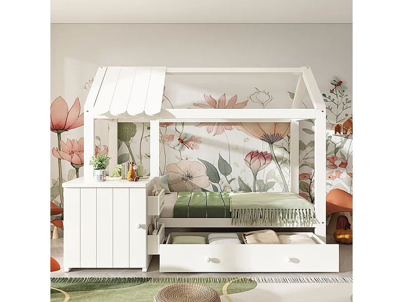 Lit cabane pour enfant 90x200 en bois massif avec tiroirs et table de chevet amovible lit au sol en blanc