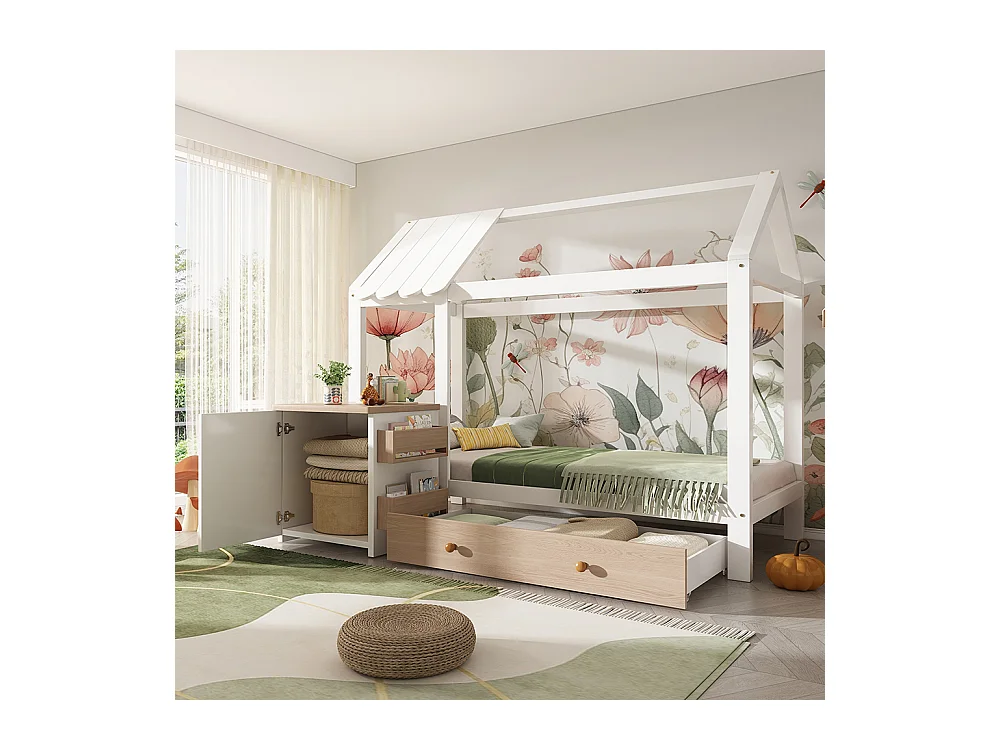 Lit cabane pour enfant 90x200 en bois massif avec tiroirs et table de chevet amovible lit au sol en blanc et blanc chêne