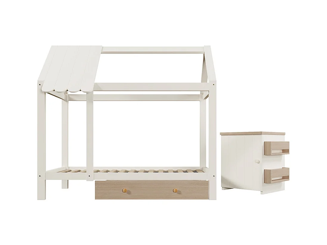 Lit cabane pour enfant 90x200 en bois massif avec tiroirs et table de chevet amovible lit au sol en blanc et blanc chêne