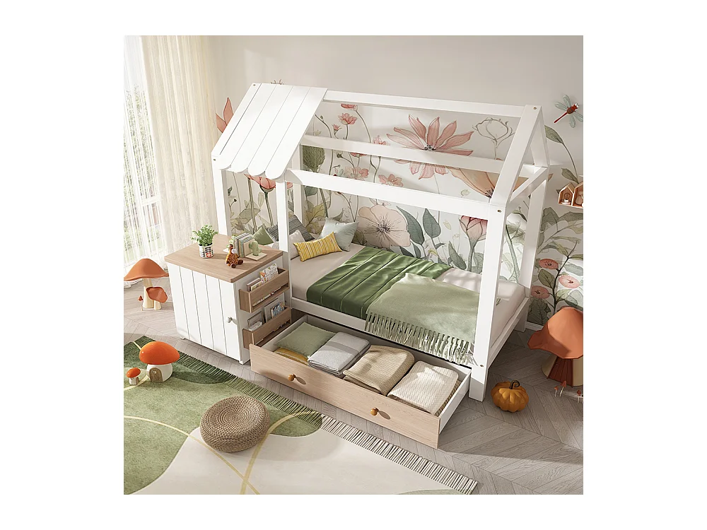 Lit cabane pour enfant 90x200 en bois massif avec tiroirs et table de chevet amovible lit au sol en blanc et blanc chêne