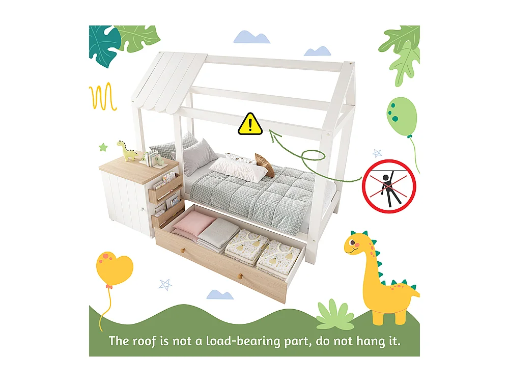 Lit cabane pour enfant 90x200 en bois massif avec tiroirs et table de chevet amovible lit au sol en blanc et blanc chêne