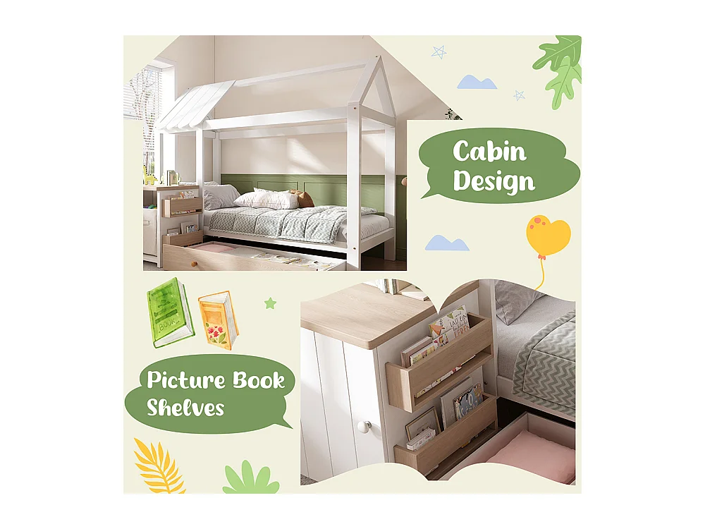 Lit cabane pour enfant 90x200 en bois massif avec tiroirs et table de chevet amovible lit au sol en blanc et blanc chêne