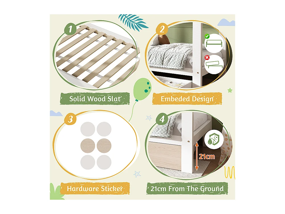 Lit cabane pour enfant 90x200 en bois massif avec tiroirs et table de chevet amovible lit au sol en blanc et blanc chêne