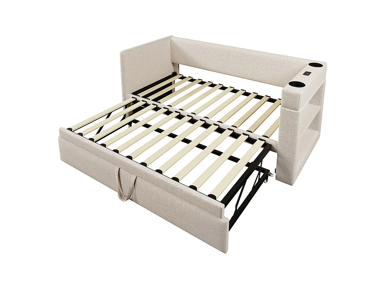 Opklapbed 90x190eenpersoonsslaapbank met armleuningenUSB- en Type-C-poort en bekerhoudersgemengde stofbeige linnen