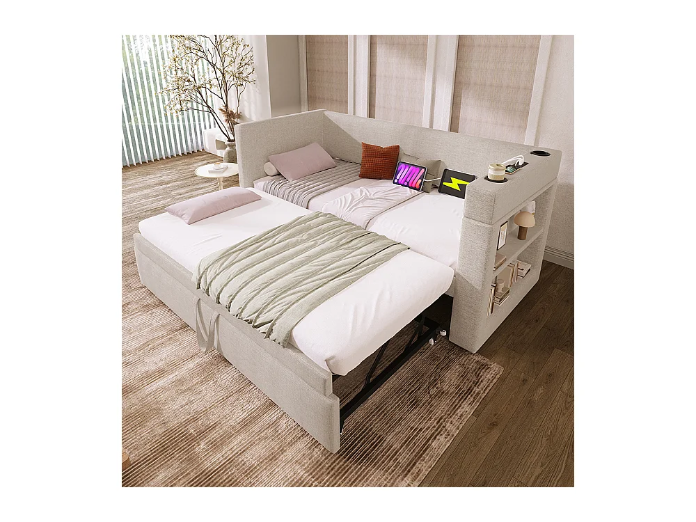 Opklapbed 90x190eenpersoonsslaapbank met armleuningenUSB- en Type-C-poort en bekerhoudersgemengde stofbeige linnen