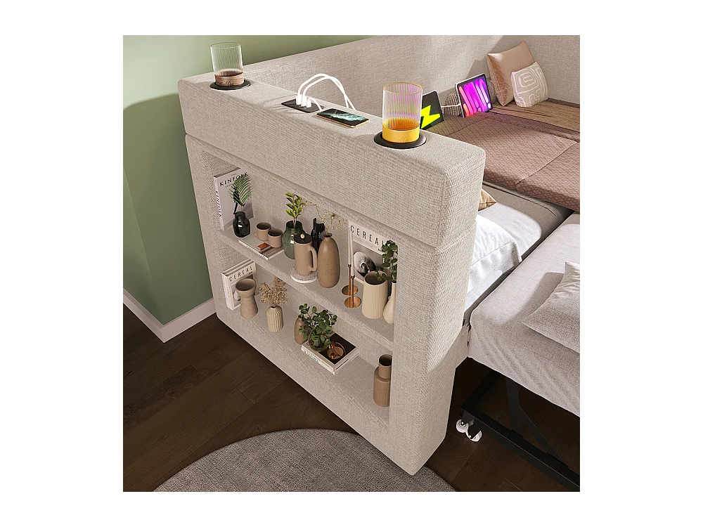 Opklapbed 90x190eenpersoonsslaapbank met armleuningenUSB- en Type-C-poort en bekerhoudersgemengde stofbeige linnen