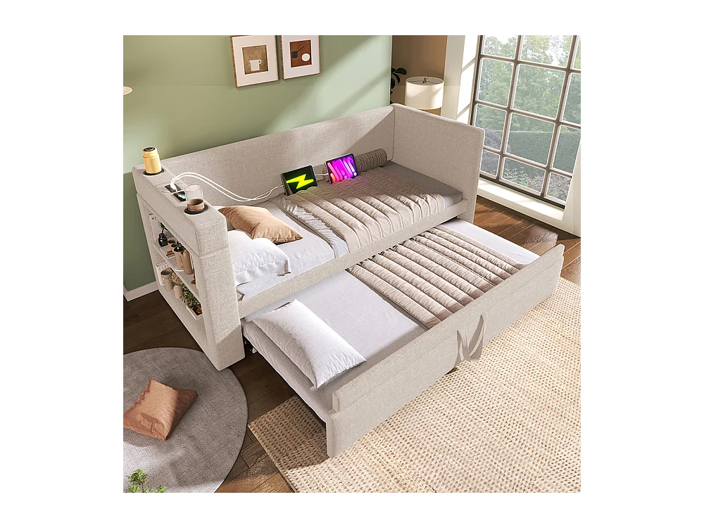 Lit gigogne rembourré 90x190 canapé-lit simple avec accoudoirs avec port USB et Type-C et porte-gobelets tissu mélangé lin beige
