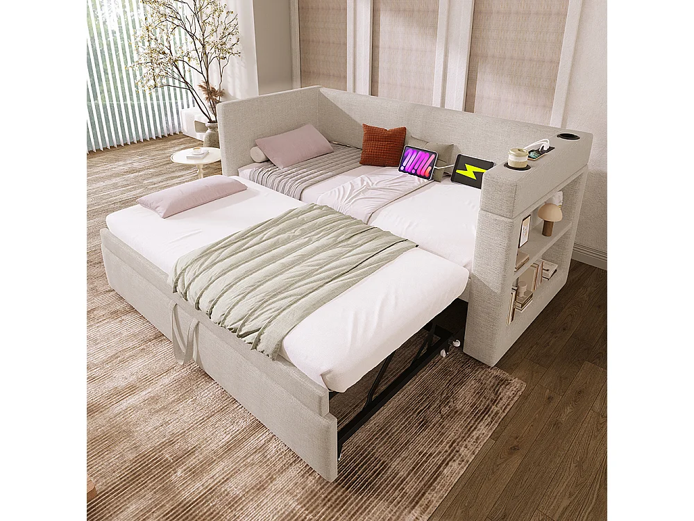 Opklapbed 90x190eenpersoonsslaapbank met armleuningenUSB- en Type-C-poort en bekerhoudersgemengde stofbeige linnen