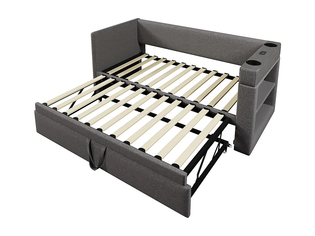 Opklapbed 90x190eenpersoonsslaapbank met armleuningenUSB- en Type-C-aansluiting en bekerhouders van gemengd linnengrijs