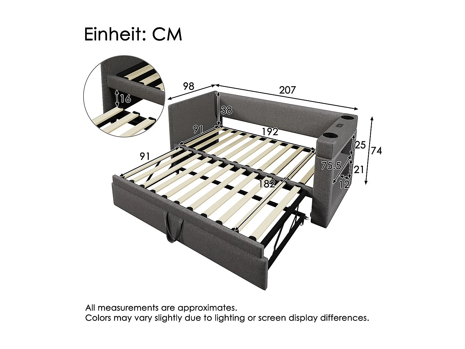 Opklapbed 90x190eenpersoonsslaapbank met armleuningenUSB- en Type-C-aansluiting en bekerhouders van gemengd linnengrijs
