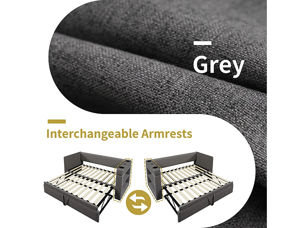 Opklapbed 90x190eenpersoonsslaapbank met armleuningenUSB- en Type-C-aansluiting en bekerhouders van gemengd linnengrijs