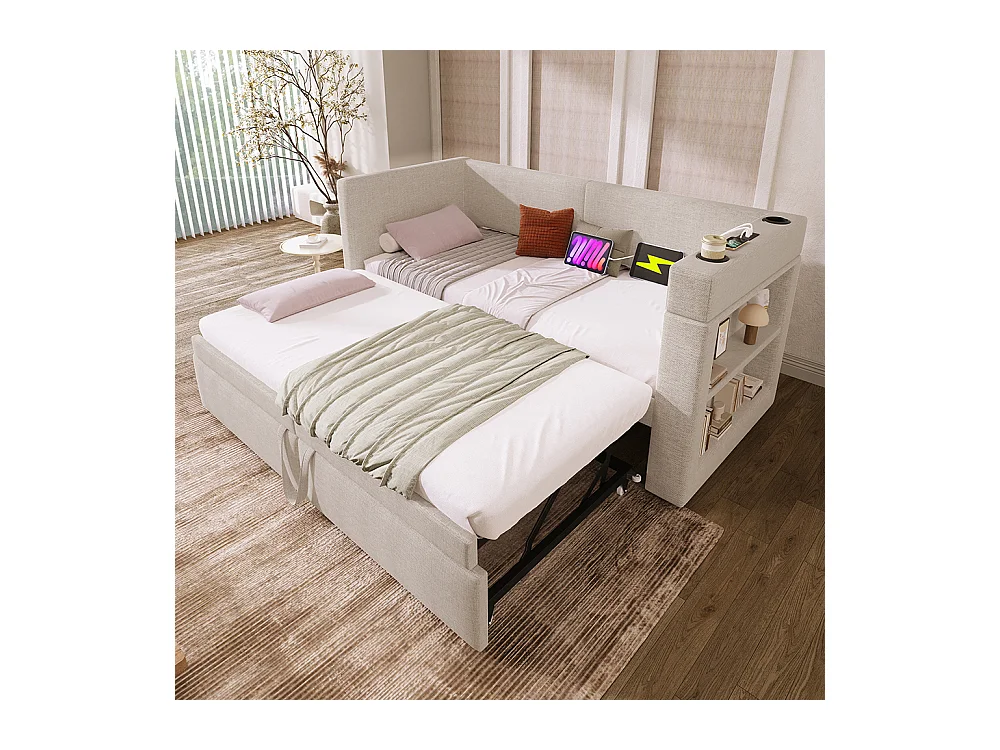 Lit gigogne rembourré 90x200 canapé-lit simple avec accoudoirs avec port USB et Type-C et porte-gobelets tissu mélangé lin beige