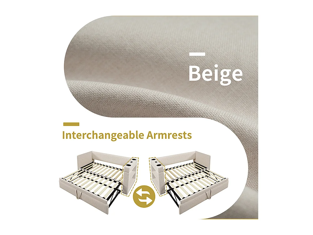 Opbergbed met bekleding 90x200 eenpersoonsslaapbank met armleuningen met USB- en Type-C-poort en bekerhouders van gemengd linnen in beige