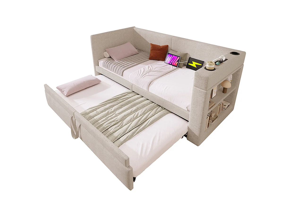 Opbergbed met bekleding 90x200 eenpersoonsslaapbank met armleuningen met USB- en Type-C-poort en bekerhouders van gemengd linnen in beige