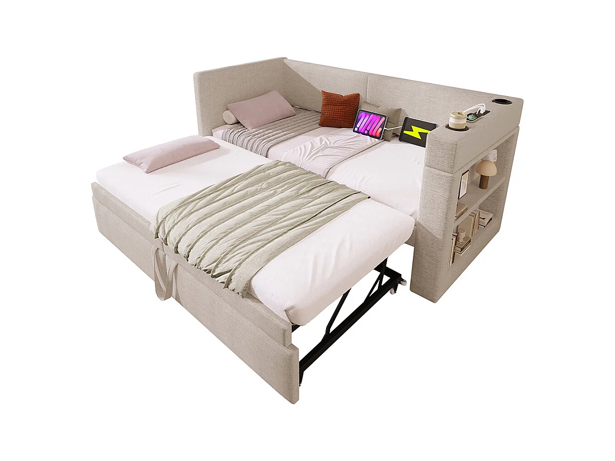 Opbergbed met bekleding 90x200 eenpersoonsslaapbank met armleuningen met USB- en Type-C-poort en bekerhouders van gemengd linnen in beige