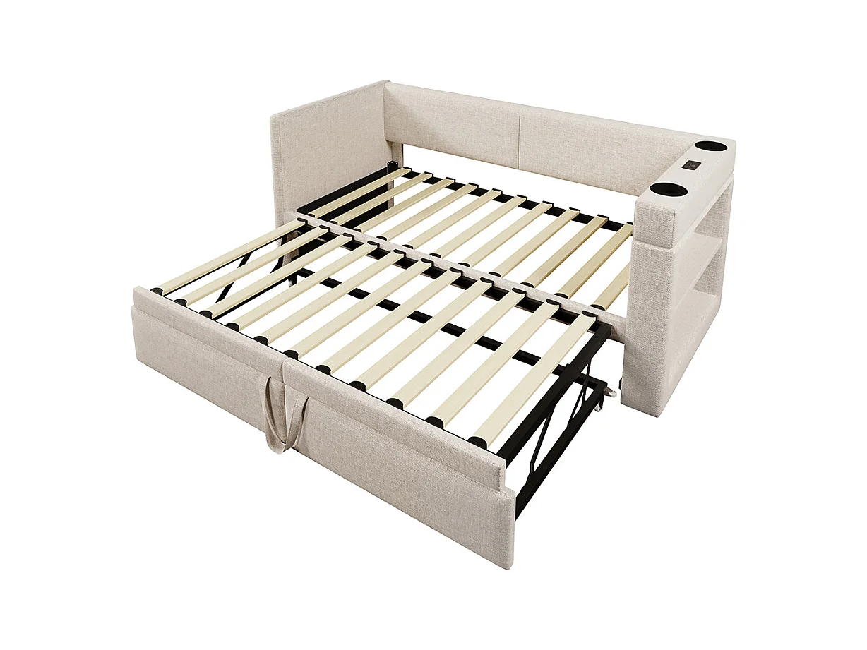 Opbergbed met bekleding 90x200 eenpersoonsslaapbank met armleuningen met USB- en Type-C-poort en bekerhouders van gemengd linnen in beige