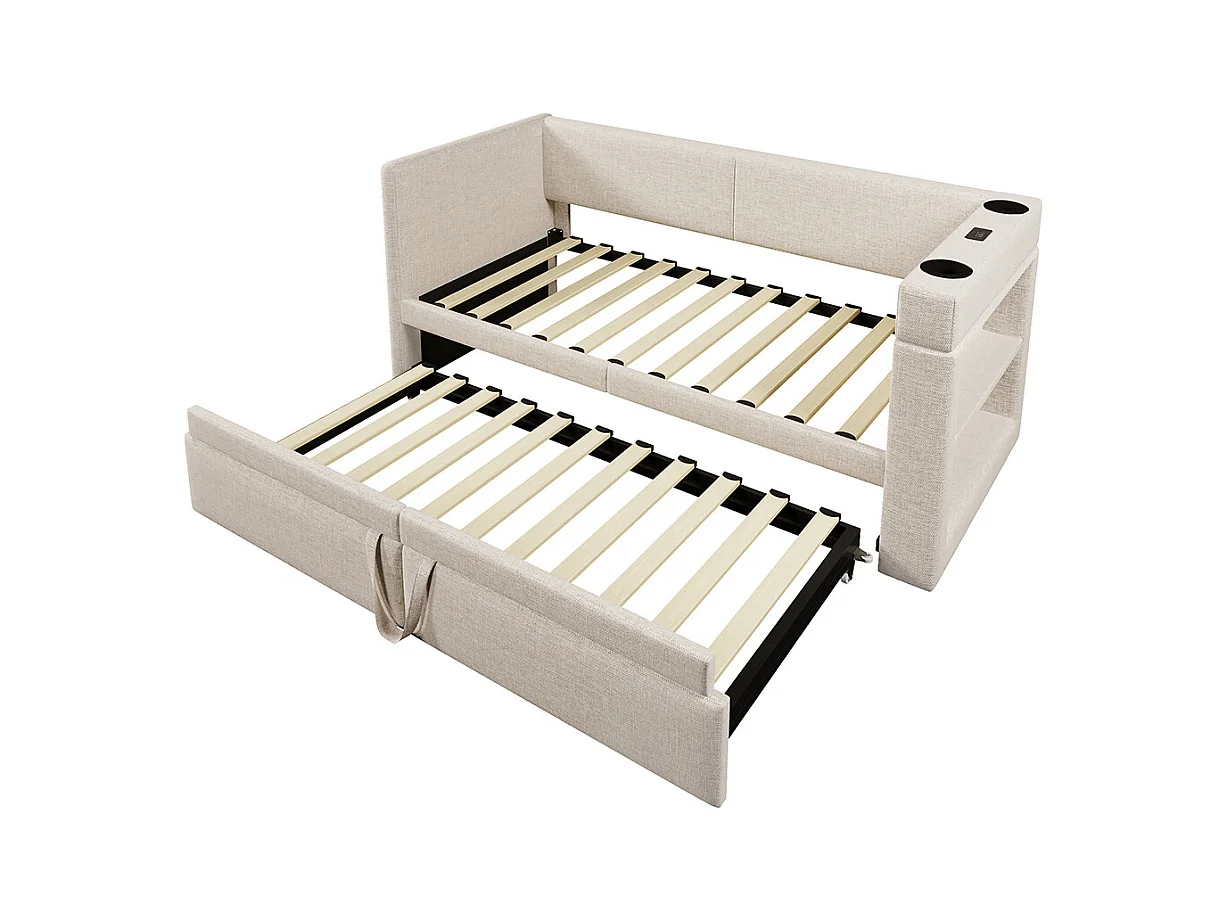 Opbergbed met bekleding 90x200 eenpersoonsslaapbank met armleuningen met USB- en Type-C-poort en bekerhouders van gemengd linnen in beige