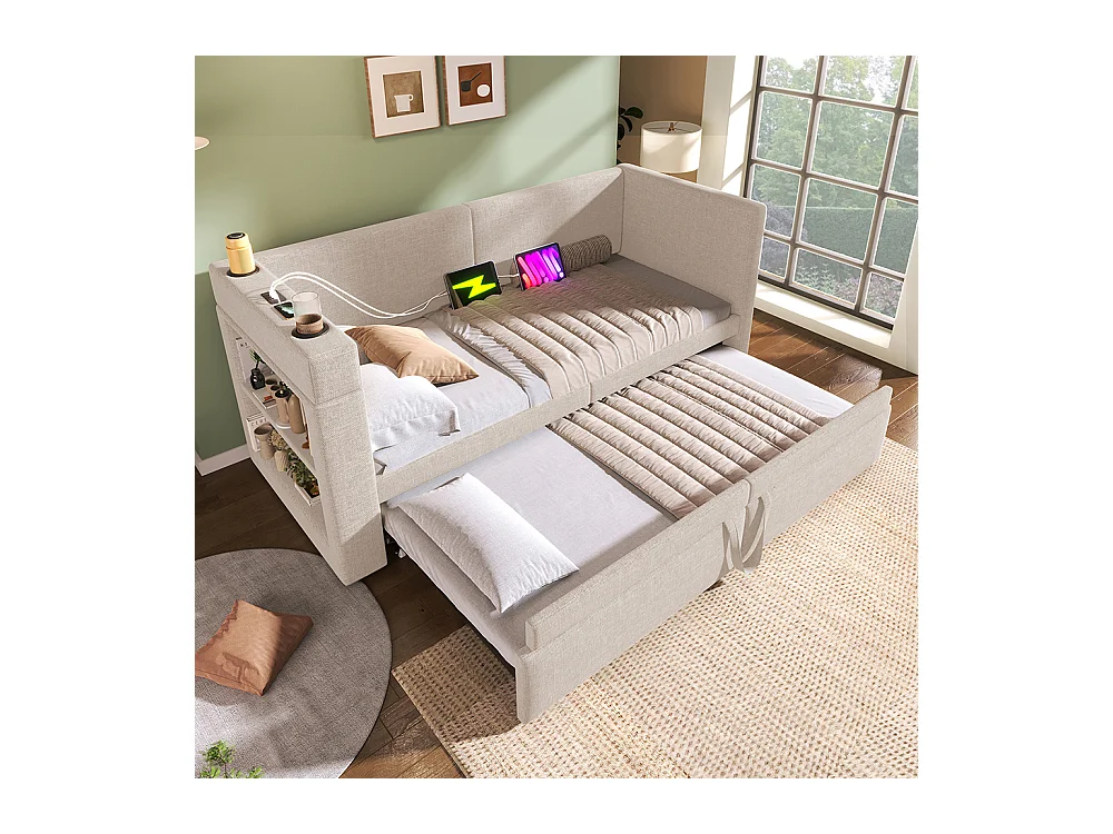 Opbergbed met bekleding 90x200 eenpersoonsslaapbank met armleuningen met USB- en Type-C-poort en bekerhouders van gemengd linnen in beige
