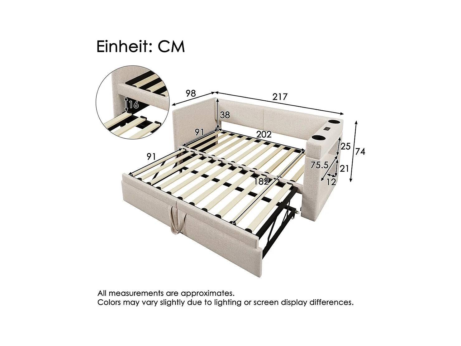 Opbergbed met bekleding 90x200 eenpersoonsslaapbank met armleuningen met USB- en Type-C-poort en bekerhouders van gemengd linnen in beige