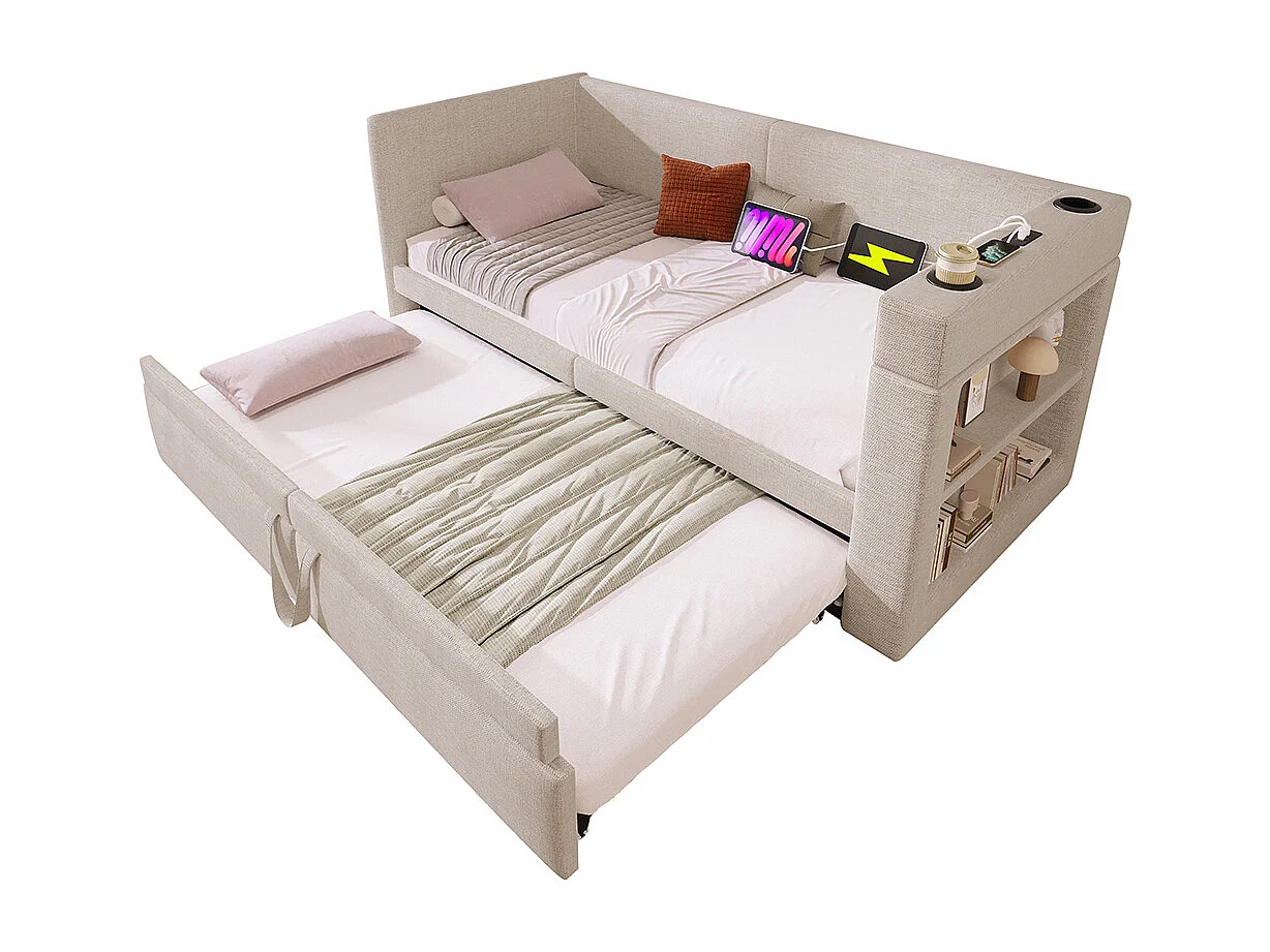 Opbergbed met bekleding 90x200 eenpersoonsslaapbank met armleuningen met USB- en Type-C-poort en bekerhouders van gemengd linnen in beige