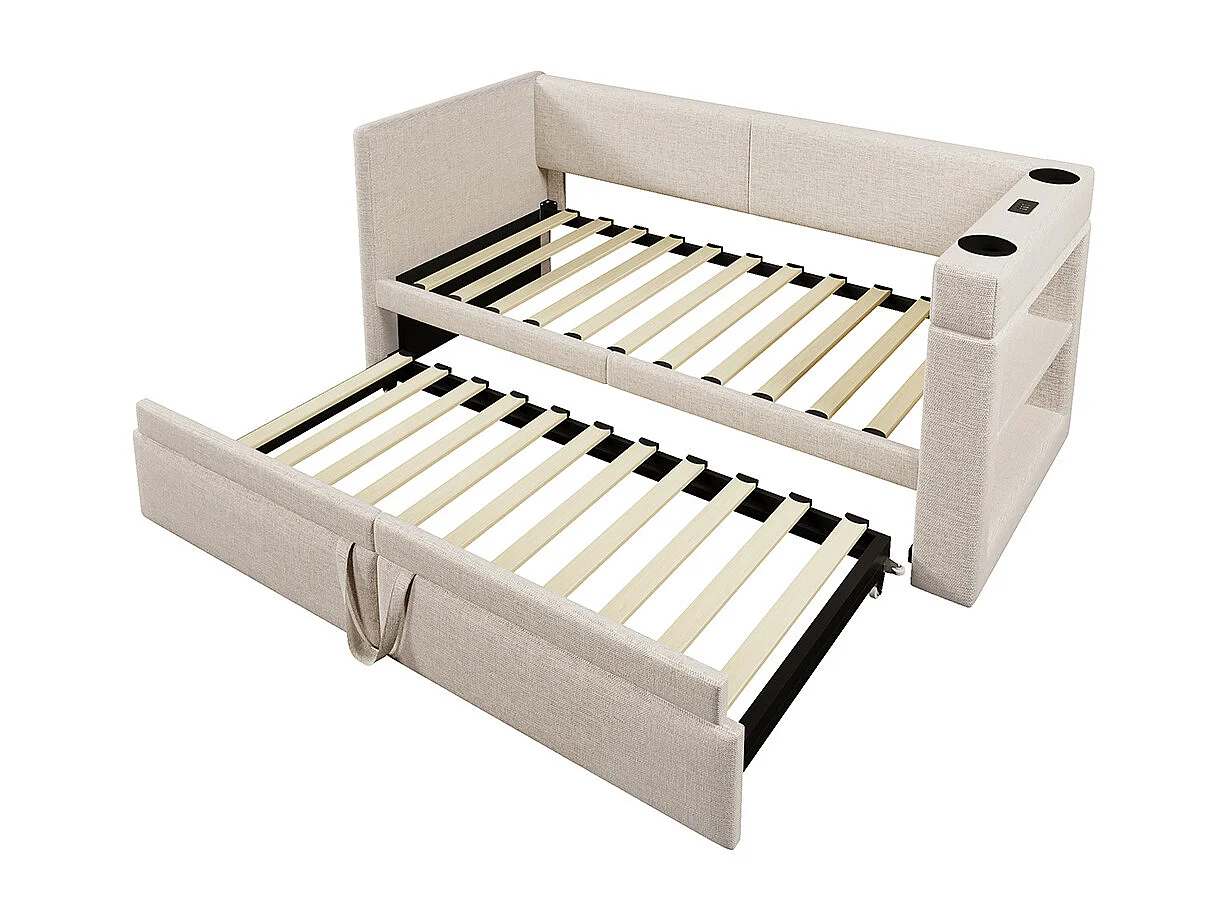 Opbergbed met bekleding 90x200 eenpersoonsslaapbank met armleuningen met USB- en Type-C-poort en bekerhouders van gemengd linnen in beige