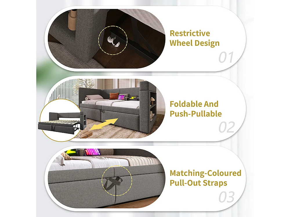 Opbergbed met bekleding 90x200 eenpersoonsslaapbank met armleuningen met USB- en Type-C-poort en bekerhouders van gemengd linnen in grijs