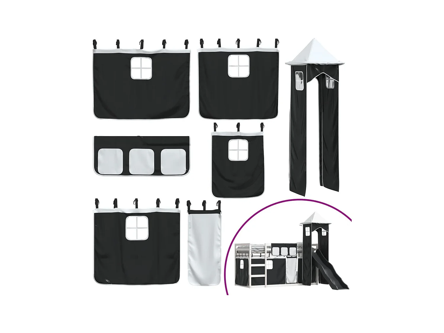 Lit superposé sans matelas avec toboggan blanc noir 90x190 cm